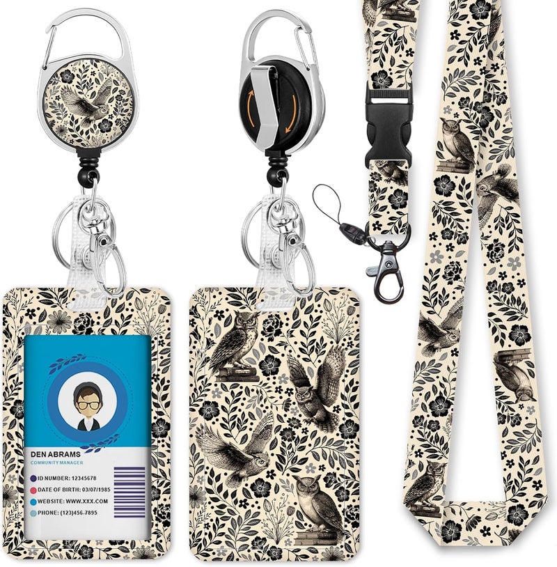 GIANCOMICS Floral Owls Lanyards for Id Badges, Book ID Badge Holder with Retractable Reel, Flower Teacher Lanyard with Keychain Key Clip Carabiner Name Tag Card Holder Protector Office Women Gift - Image 1
